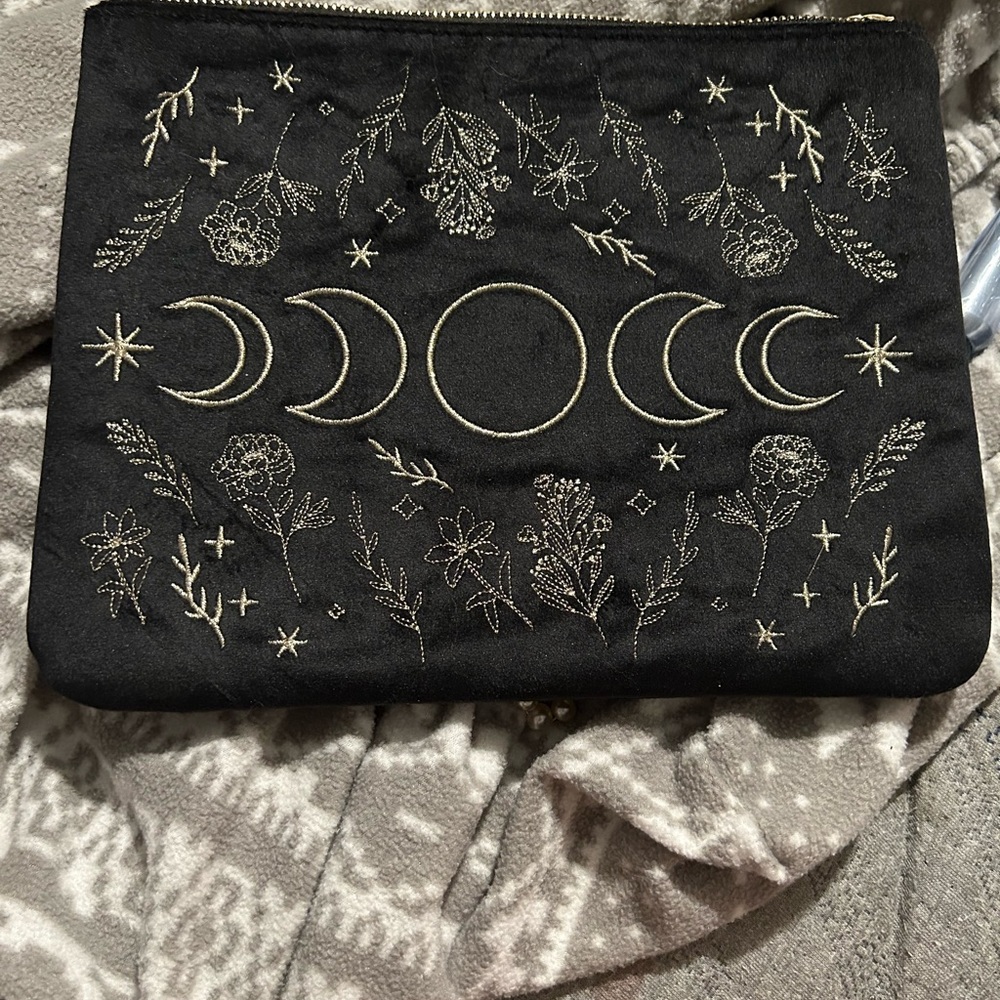 Black triple moon witchy Pouch with Gold Embroidery